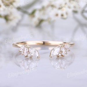 Unique Moissanite Open Wedding Band Marquise Moissanite Band Yellow Gold Ring Diamond Stacking Matching Ring Promise Ring Gift for Women