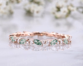 Marquise cut Moss Agate wedding band Rose gold wedding band women  vintage Diamond stacking matching ring Unique Full eternity Bridal ring