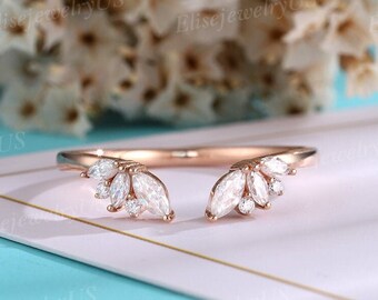 Unique Wedding Band Marquise & Round cut Moissanite Wedding Band Rose Gold Vintage Stacking Matching Ring Open Wedding Band Curved Ring
