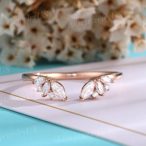 Unique Wedding Band Marquise & Round cut Moissanite Wedding Band Rose Gold Vintage Stacking Matching Ring Open Wedding Band Curved Ring