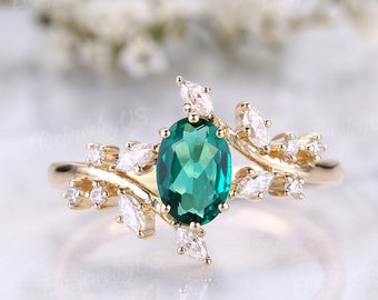 Oval Cut Emerald Engagement ring Women Moissanite Leaf Branch Wedding Ring Solid Yellow Gold Unique Bridal Ring Floral ring Vines Flower