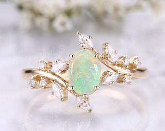 Vintage Oval Cut Opal Engagement Ring Art Deco Branch Vine Ring 14k Rose Gold Leaf Shape Wedding Ring Promise Ring Anniversary Gift For Her