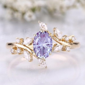 Fireworks Cut Alexandrite Engagement Ring Women Moissanite Leaf Branch Wedding Ring Solid Yellow Gold Unique Bridal Ring Floral Promise Ring