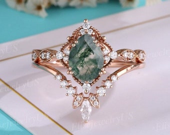 Anillo de compromiso de ágata de musgo vintage Conjunto de anillos de boda de piedras preciosas verdes en forma de pera Anillo de moissanita para mujer Anillo de promesa de diamante marquesa único