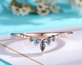 Vintage Alexandrite Wedding Band Rose Gold Promsie band Marquise cut color change gem Wedding band Moissanite cluster Curved stacking ring