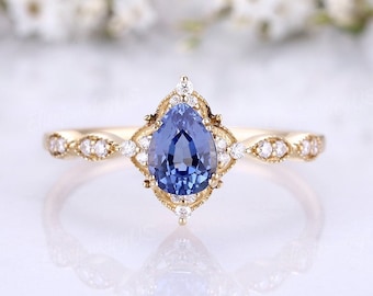 Vintage Pear Cut Sapphire Engagement Ring Unique Yellow Gold Moissanite Cluster Ring Half Eternity Wedding Ring Promise Ring For Her