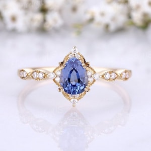 Vintage Pear Cut Sapphire Engagement Ring Unique Yellow Gold Moissanite Cluster Ring Half Eternity Wedding Ring Promise Ring For Her