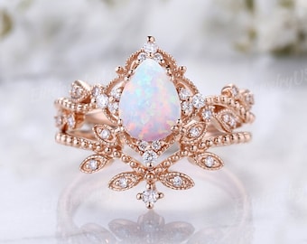 Vintage Tear Drop Opal Engagement Ring Set Moissanite Cluster Leaf Vined Branch Wedding Ring Unique Floral Milgrain Bridal Ring Set