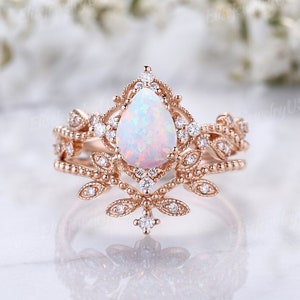 Vintage Tear Drop Opal Engagement Ring Set Moissanite Cluster Leaf Vined Branch Wedding Ring Unique Floral Milgrain Bridal Ring Set