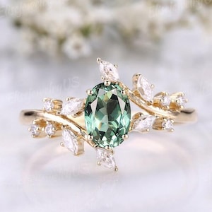 Oval Cut Green Sapphire Engagement Ring Women Moissanite Leaf Branch Wedding Ring Solid Yellow Gold Unique Bridal Ring Floral Promise Ring