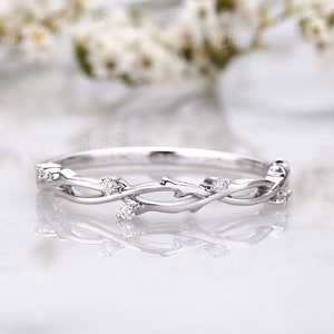 Dainty Moissanite Wedding Band Nature Inspired Leaf Twig Branch Diamond Twist Stacking Matching Band White Gold Anniversary Gift For Her