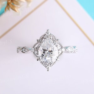 Unique Moissanite Engagement Ring Pear Cut White Gold Wedding Ring Diamond Cluster Promise Ring Vintage Milgrain Anniversary Gift For Her