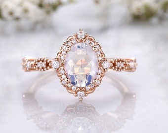 Vintage Moonstone Engagement Ring Unique Oval Cut Bridal Ring Rose Gold Halo Moissanite Cluster Ring Milgrain Birthstone Anniversary Gift
