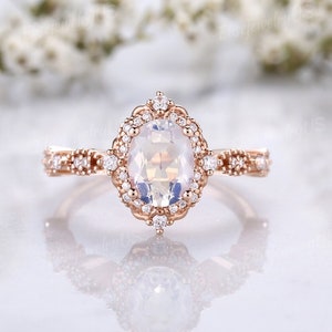 Vintage Moonstone Engagement Ring Unique Oval Cut Bridal Ring Rose Gold Halo Moissanite Cluster Ring Milgrain Birthstone Anniversary Gift image 1