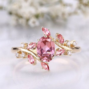 Vintage Oval Pink Sapphire Engagement Ring Unique Cluster Promise Ring Gold Art Deco Leaf Ring Branch Nature Inspired Ring Anniversary gift