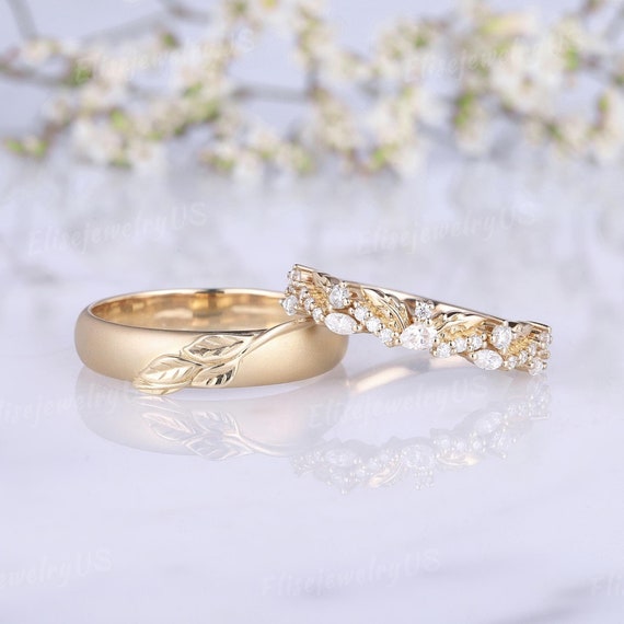 2pcs Leaf Couple Rings Set for Men and Women Diamond Wedding Rings Set Nature Inspired Mens Wedding Band Solid Gold Anniversary Rings Etsy