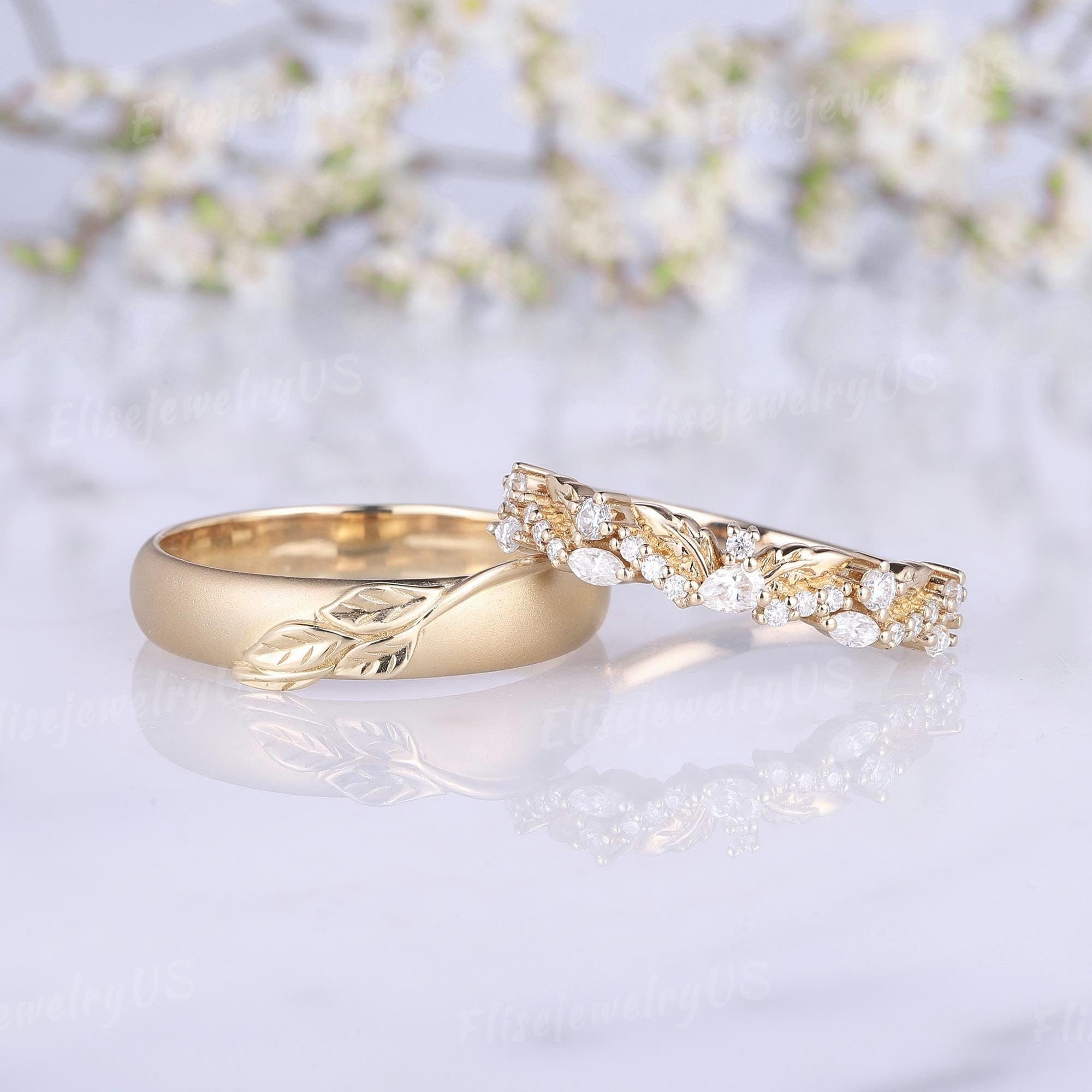 Juego de 2 anillos de boda con hojas para hombre y mujer, con diamantes,  inspirados en la naturaleza, de oro macizo. - Etsy México, image size:2000x2000