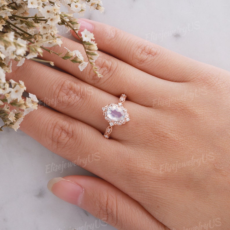 Vintage Moonstone Engagement Ring Unique Oval Cut Bridal Ring Rose Gold Halo Moissanite Cluster Ring Milgrain Birthstone Anniversary Gift image 7
