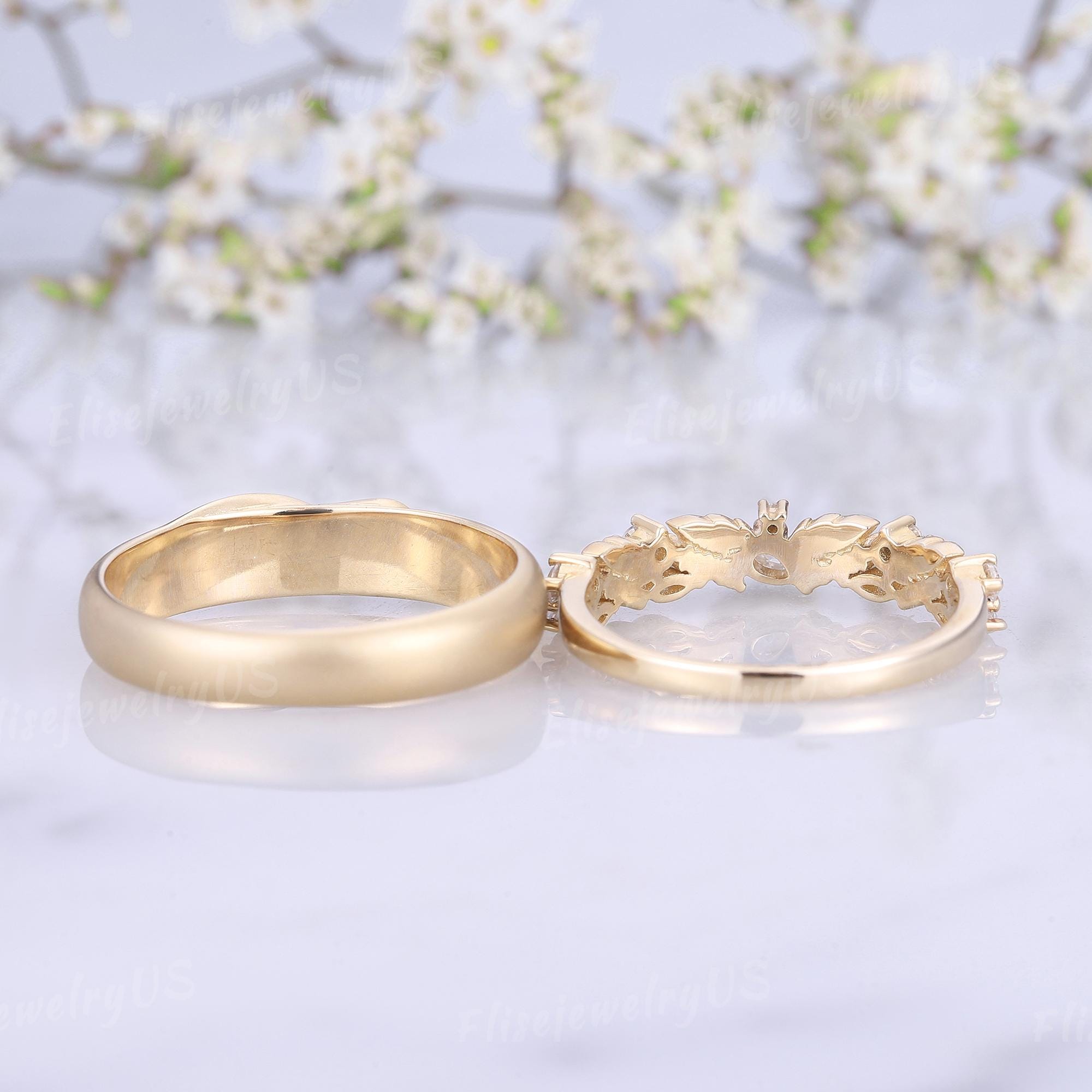 Juego de 2 anillos de boda con hojas para hombre y mujer, con diamantes,  inspirados en la naturaleza, de oro macizo. - Etsy México, image size:2000x2000