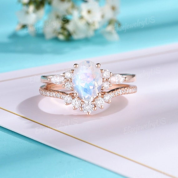 Unique Moonstone Engagement Ring Set Rose Gold Bridal Set Art Deco