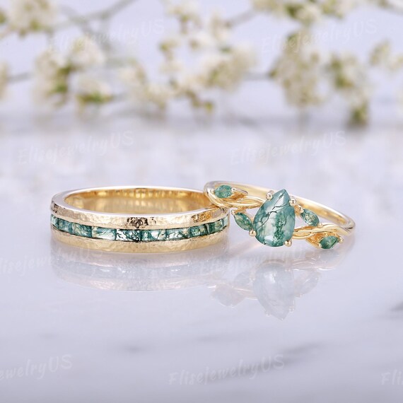Couples Ring Moss Agate Engagement Ring Set His and Hers  display picture 1