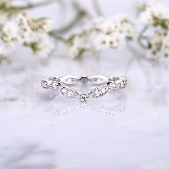 Unique Moissanite Wedding Band Women White Gold Curved Stacking