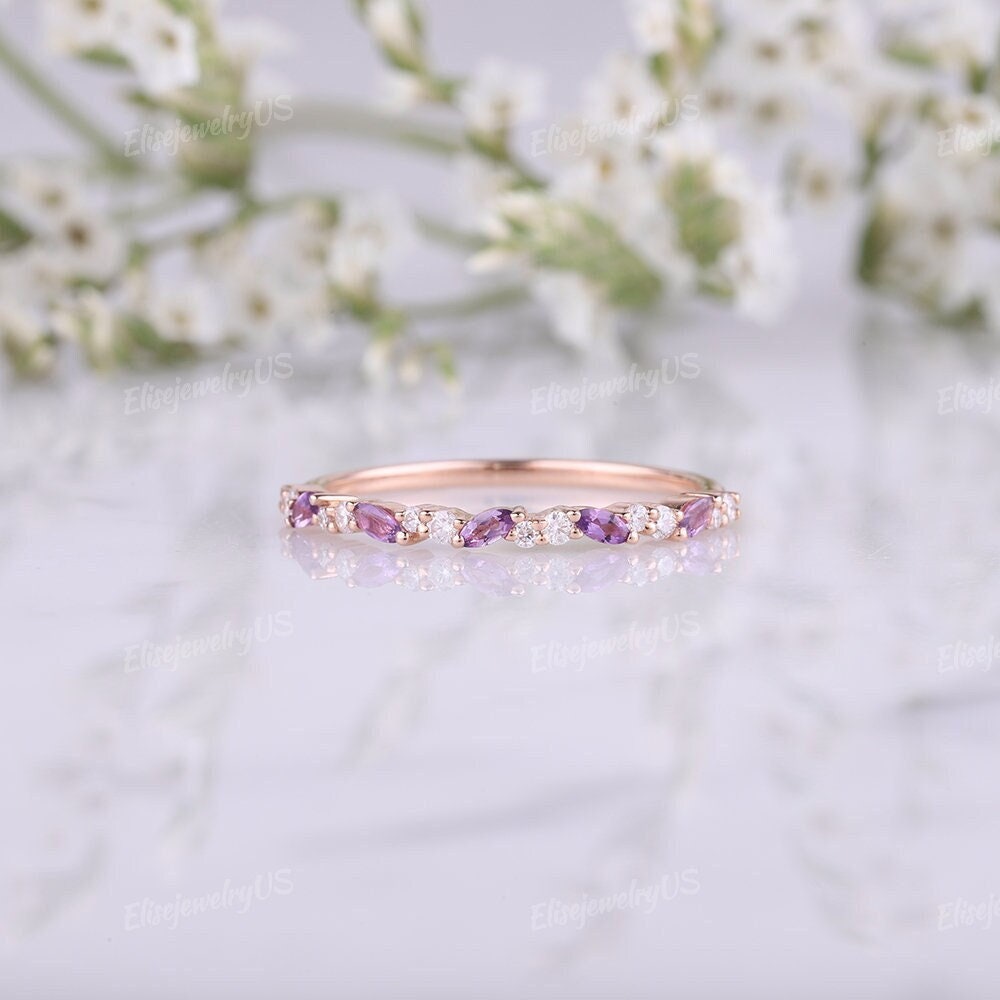 Amethyst wedding band unique marquise cut amethyst ring moissanite half eternity 14k rose gold wedding band women matching stacking band
