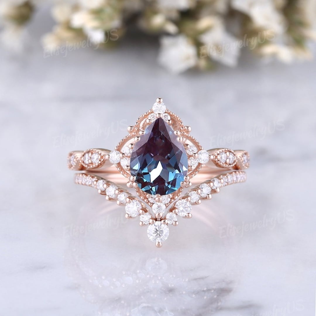 Vintage Tear Drop Cut Alexandrite Engagement Ring Set Art Deco - Etsy