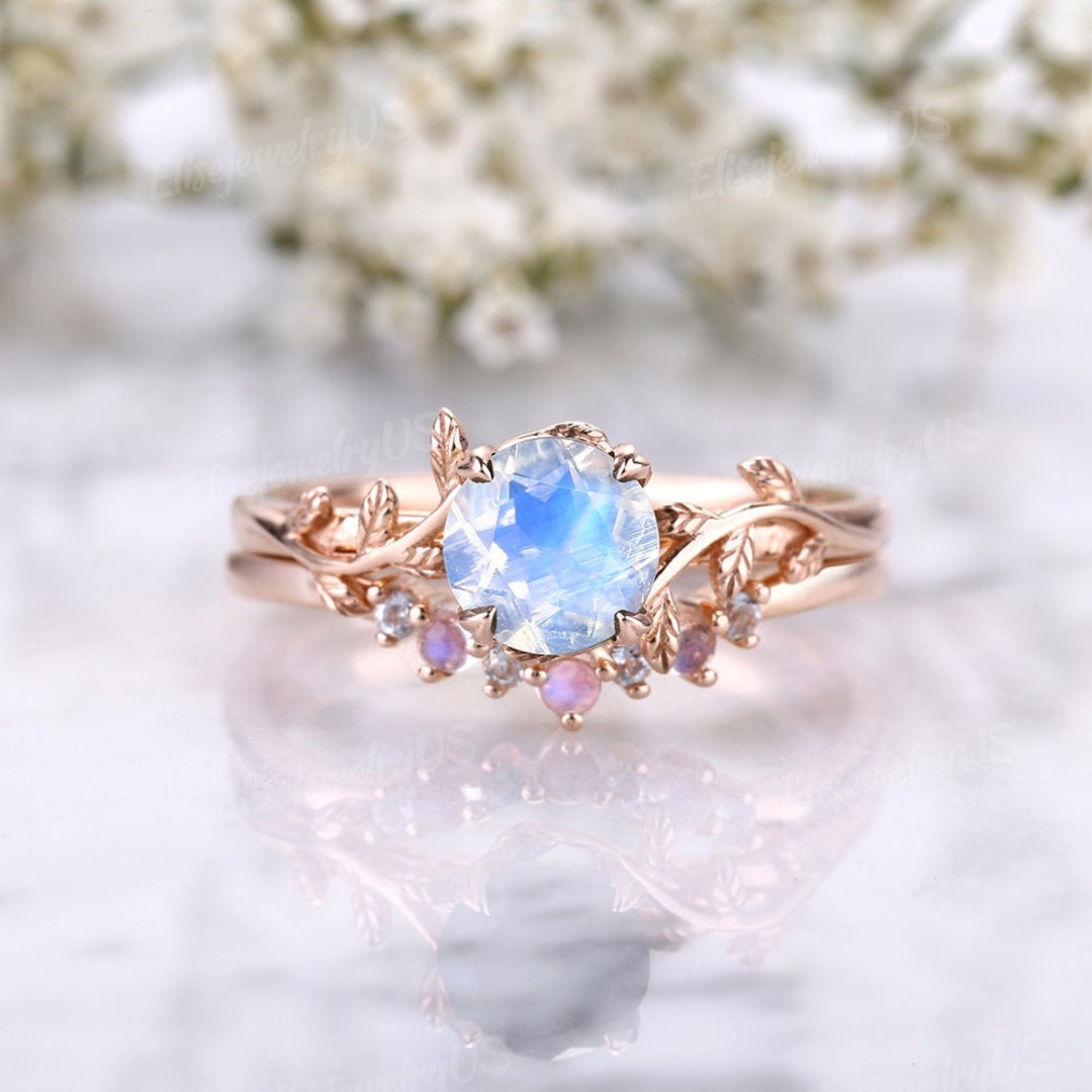 Unique Round Cut Moonstone Engagement Ring Rose Gold Bridal - Etsy