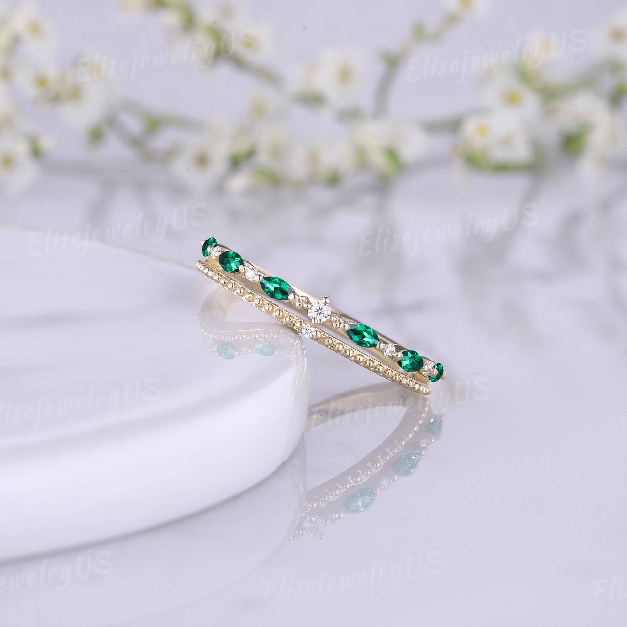 Marquise Cut Emerald Wedding Band May Birthstone Solid Gold Wedding ...