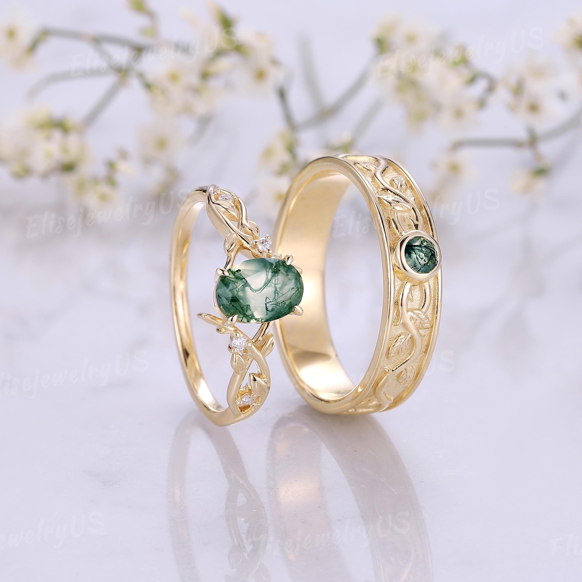 Leaf Moss Agate Engagement Ring Set Unique Nature Inspired Wedding Ring Set Men and Women Art Deco Gold Ring Set Promise Anniversary Gift