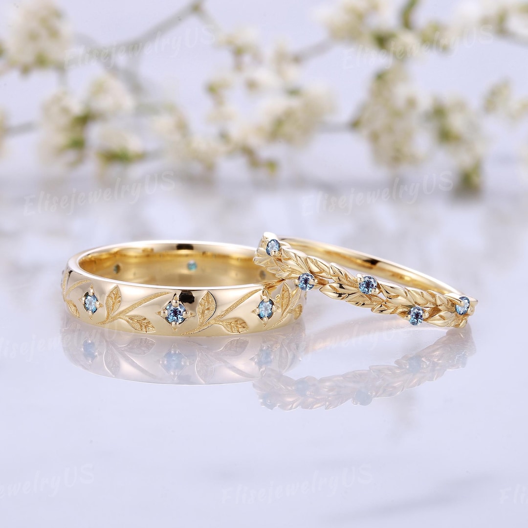 2pc Alexandrite Wedding Band for Men and Women Leaf Design Male