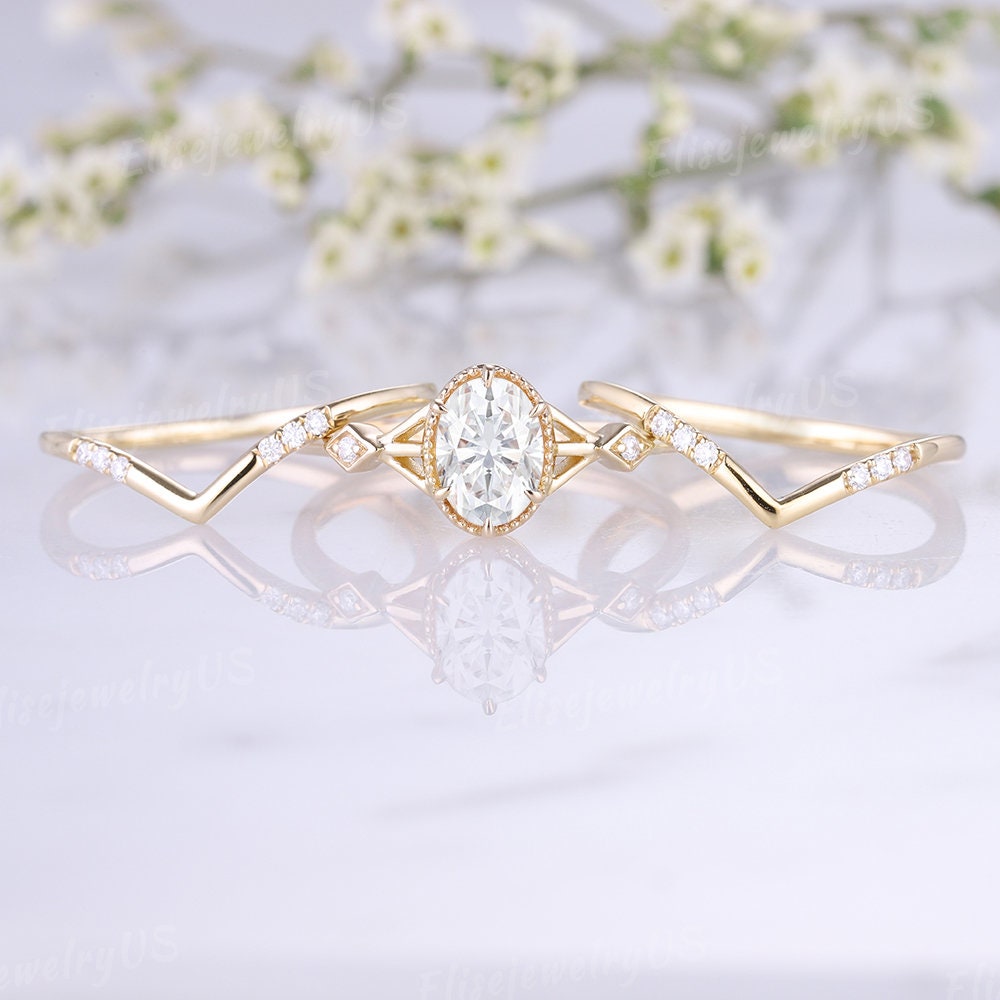 Oval Cut Moissanite Engagement Ring Set 14K Yellow Gold Diamond Wedding ...