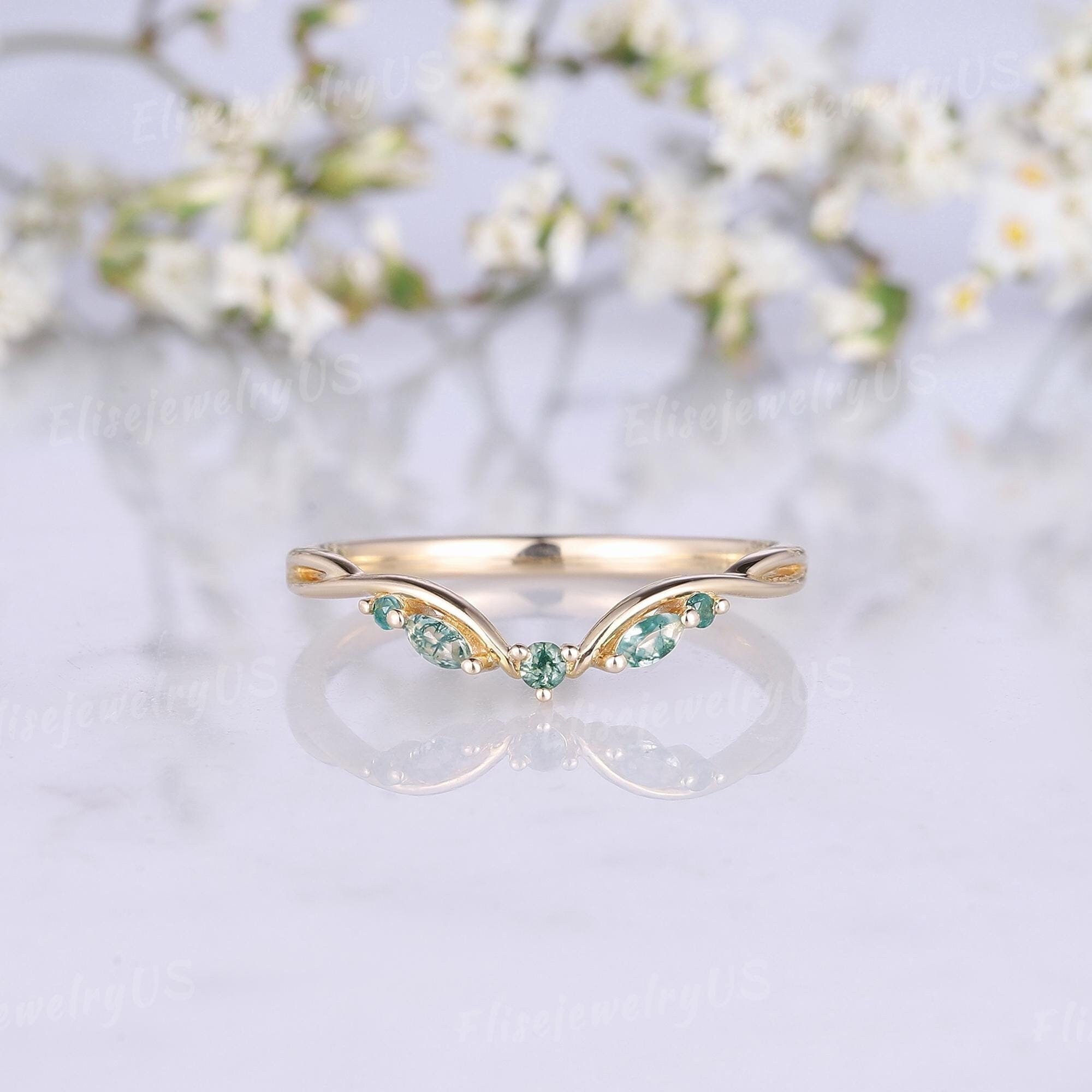 Moss Agate Wedding Band Marquise Moss Agate Ring Solid Gold Curved Wedding Band Delicate Leaf Ring Matching Ring Anniversary Ring Women