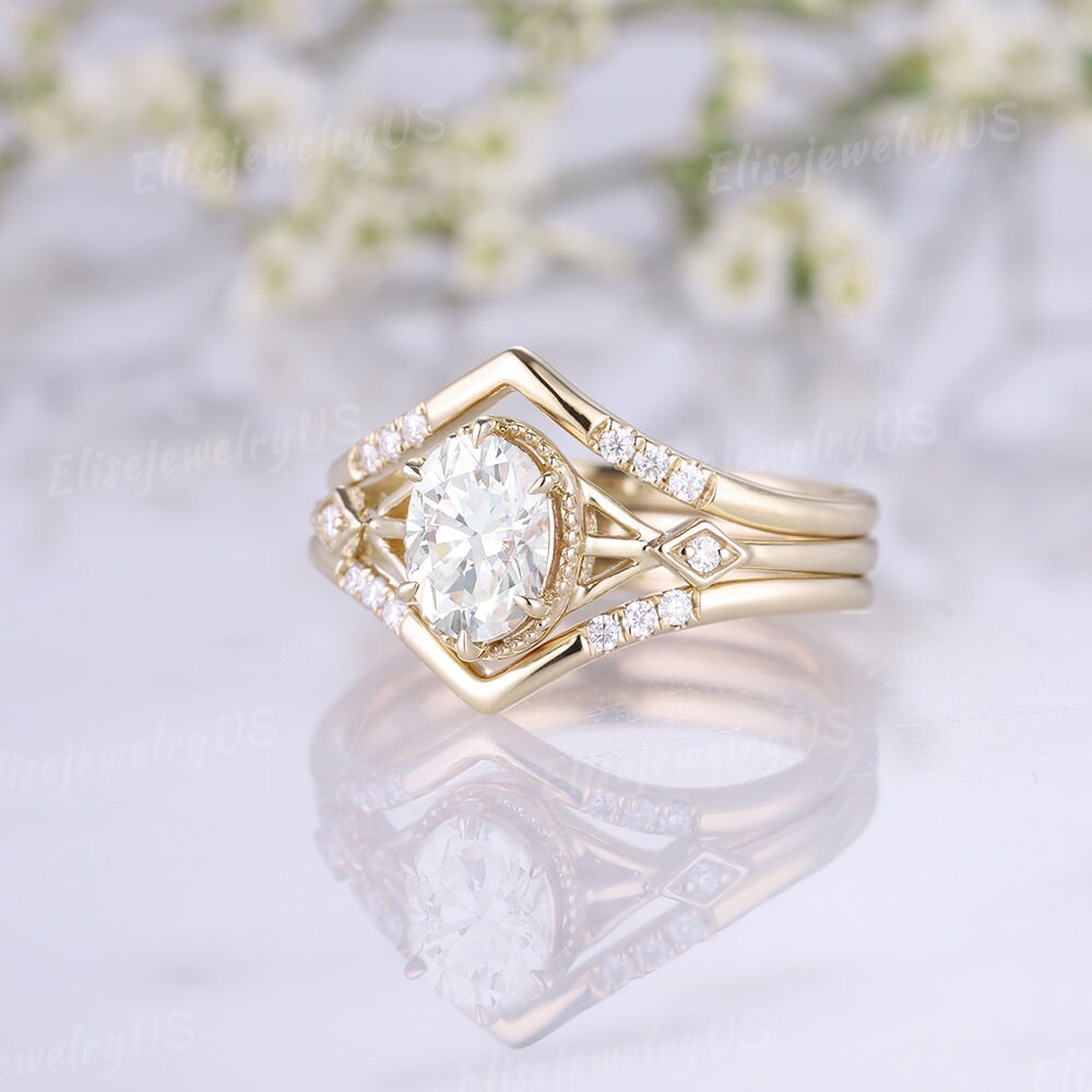 Oval Cut Moissanite Engagement Ring Set 14K Yellow Gold Diamond Wedding ...