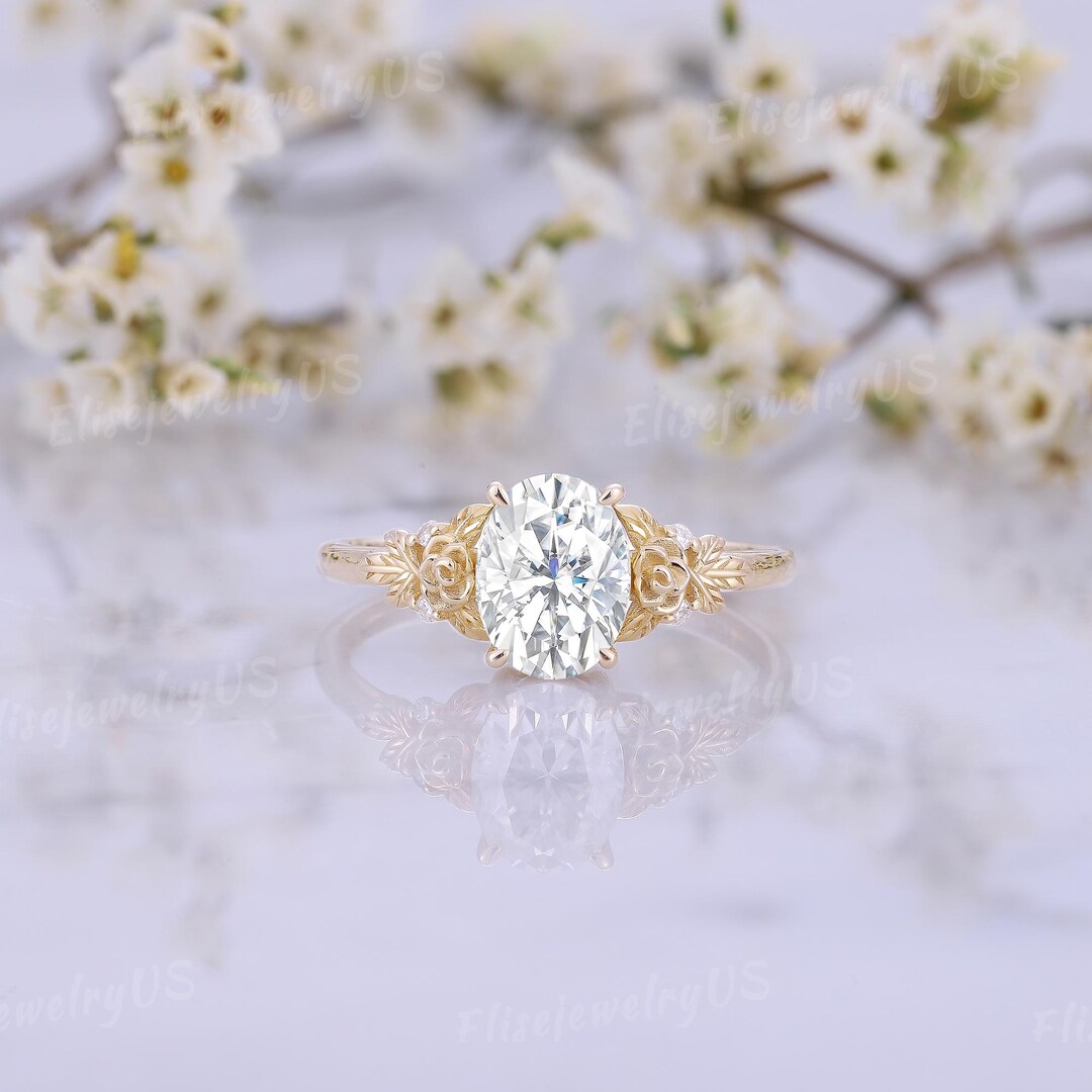 Oval Cut Moissanite Engagement Ring, Yellow Gold Floral Bridal Ring ...