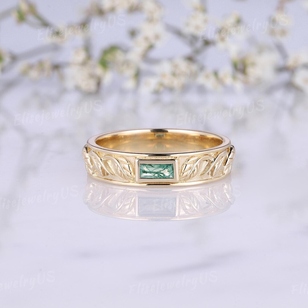 Men's Rings Leaf Pattern Leaf Mens Ring Moss Agate Wedding Band Baguette Cut Solid Gold Vintage ...