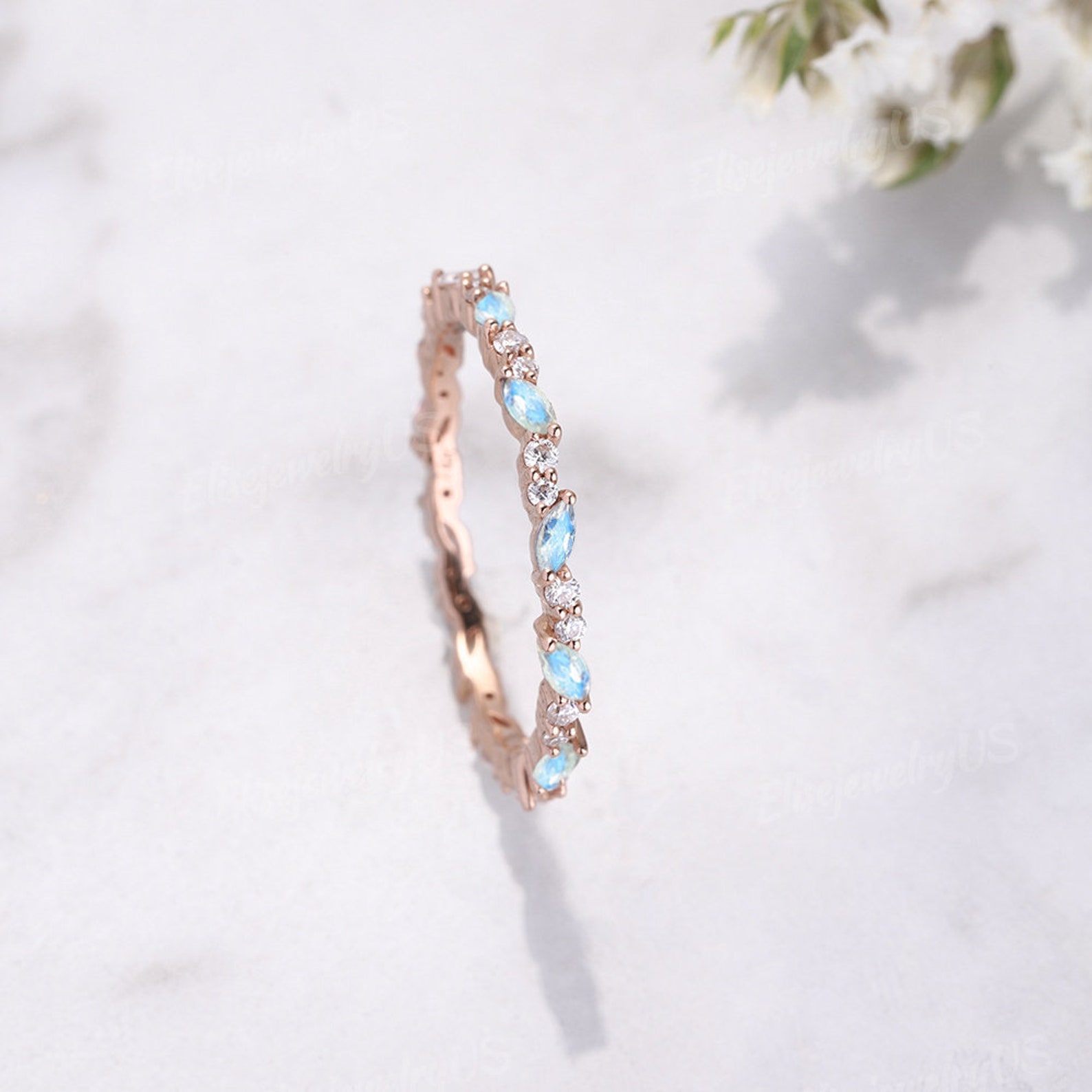 Moonstone Wedding Band Women Rose Gold Marquise Moonstone Band Vintage Moonstone Wedding Band Women Rose Gold Marquise Moonstone Band Vintage