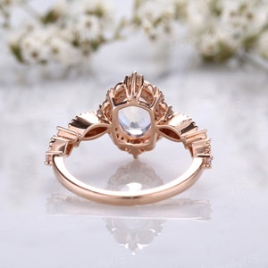 Vintage Moonstone Engagement Ring Unique Oval Cut Bridal Ring Rose Gold Halo Moissanite Cluster Ring Milgrain Birthstone Anniversary Gift image 5