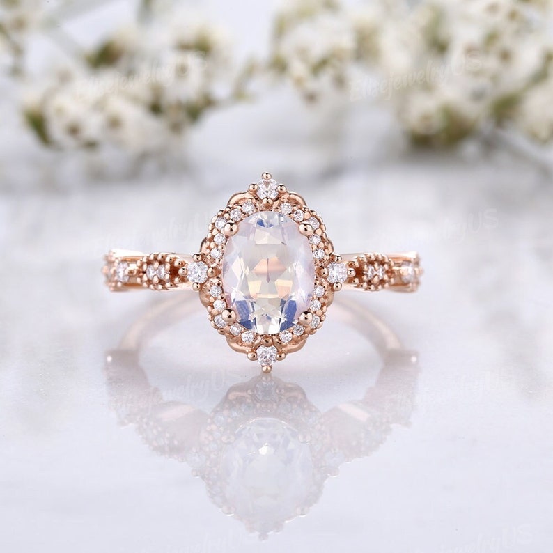 Vintage Moonstone Engagement Ring Unique Oval Cut Bridal Ring Rose Gold Halo Moissanite Cluster Ring Milgrain Birthstone Anniversary Gift image 1