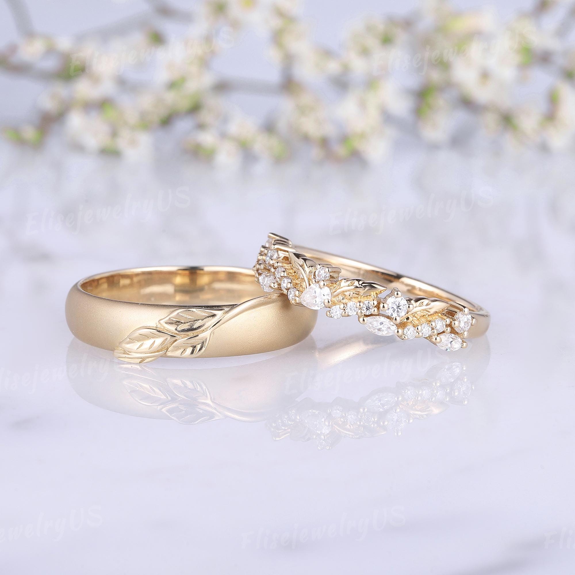 Juego de 2 anillos de boda con hojas para hombre y mujer, con diamantes,  inspirados en la naturaleza, de oro macizo. - Etsy México, image size:2000x2000