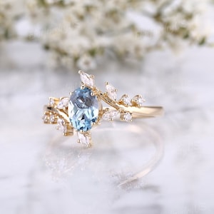 Unique Aquamarine Engagement Ring Art Deco Oval Shaped Wedding Ring ...