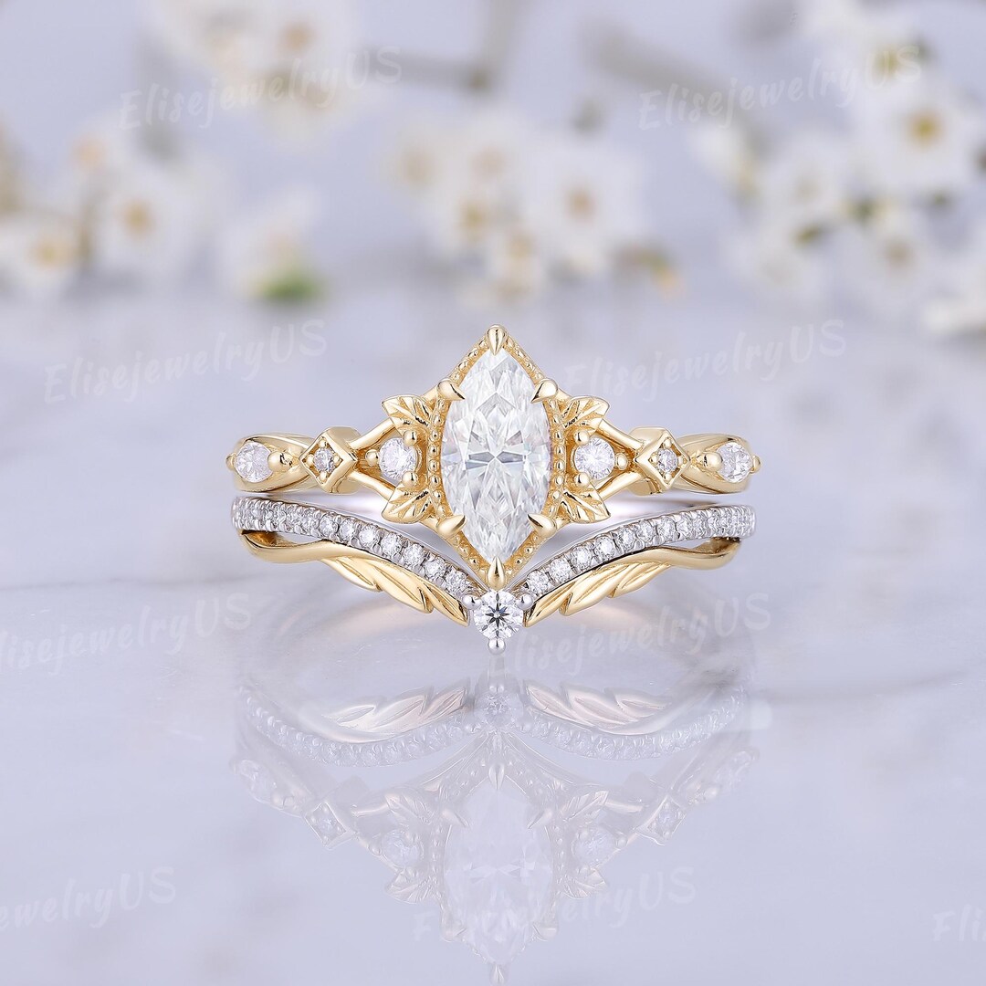 Vintage Moissanite Engagement Ring Set Marquise Cut Solid 14k Gold Leaf ...