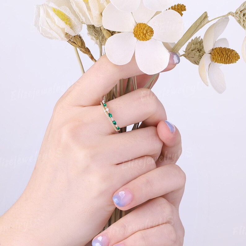 Marquise Cut Emerald Wedding Band May Birthstone Solid Gold Wedding ...
