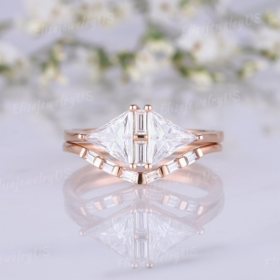 Art Deco Moissanite Engagement Rings Set Rose Gold Triangle