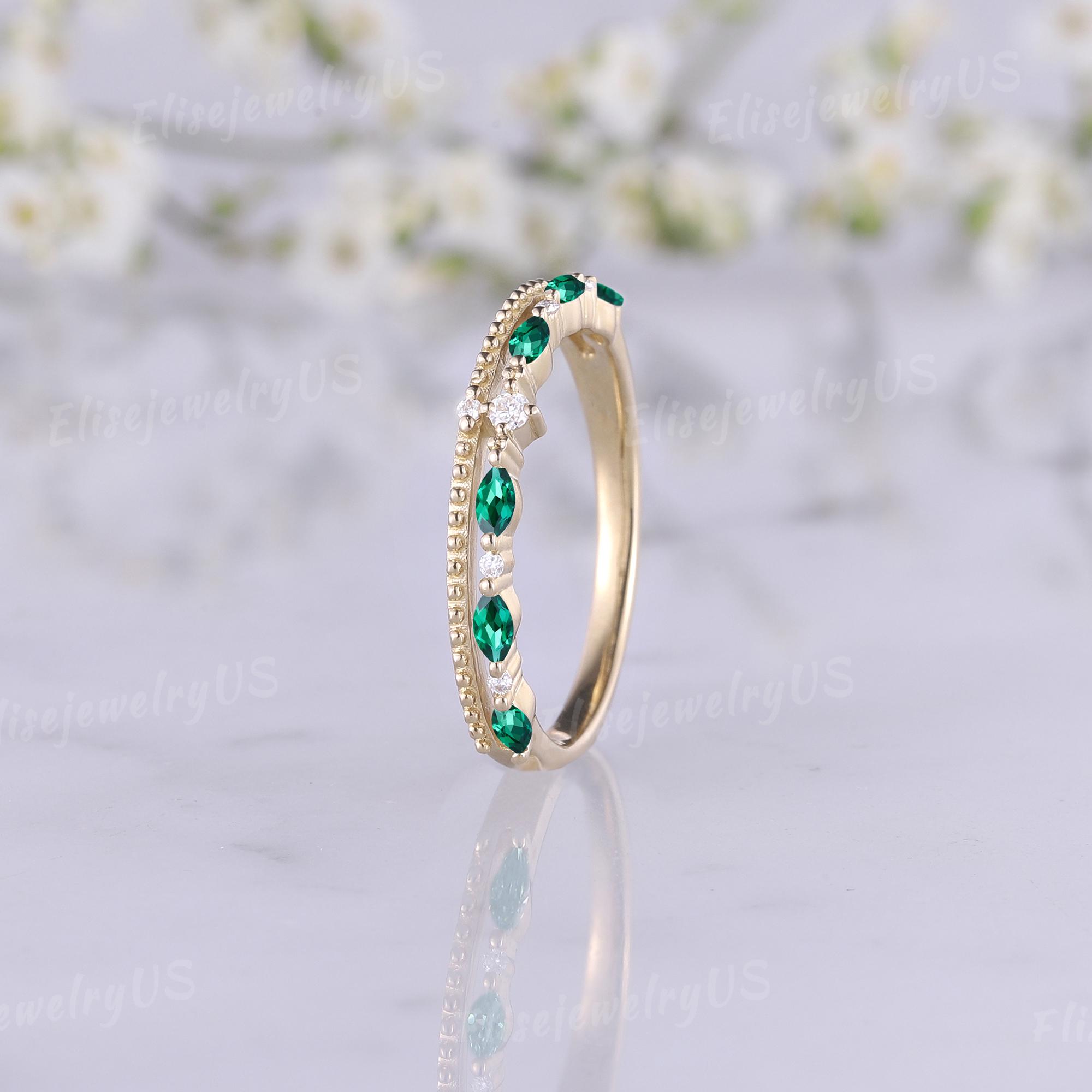 Marquise Cut Emerald Wedding Band May Birthstone Solid Gold Wedding ...