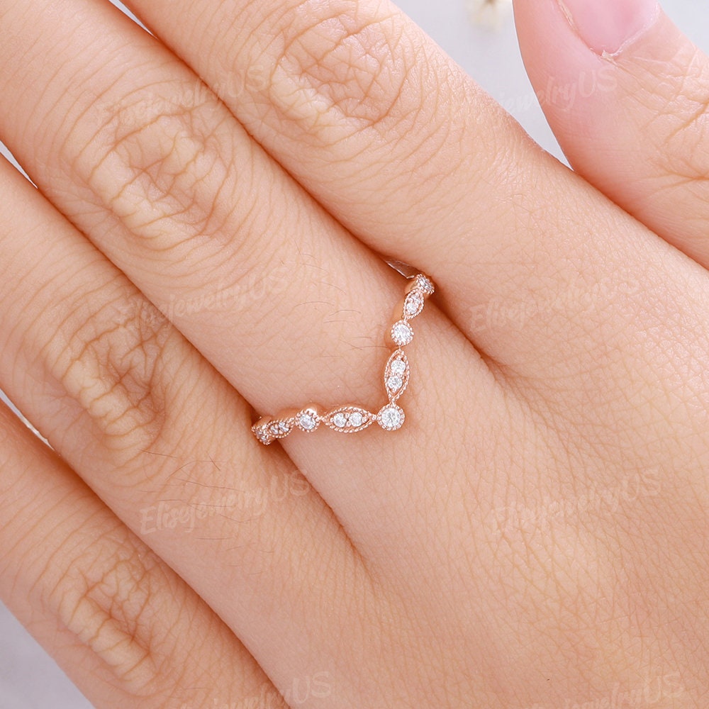 Moissanite Wedding Band V Shaped Stacking Matching Ring Chevron Ring ...