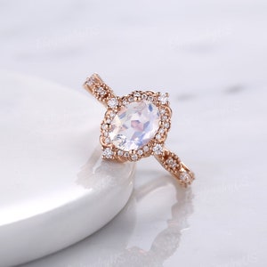 Vintage Moonstone Engagement Ring Unique Oval Cut Bridal Ring Rose Gold Halo Moissanite Cluster Ring Milgrain Birthstone Anniversary Gift image 6
