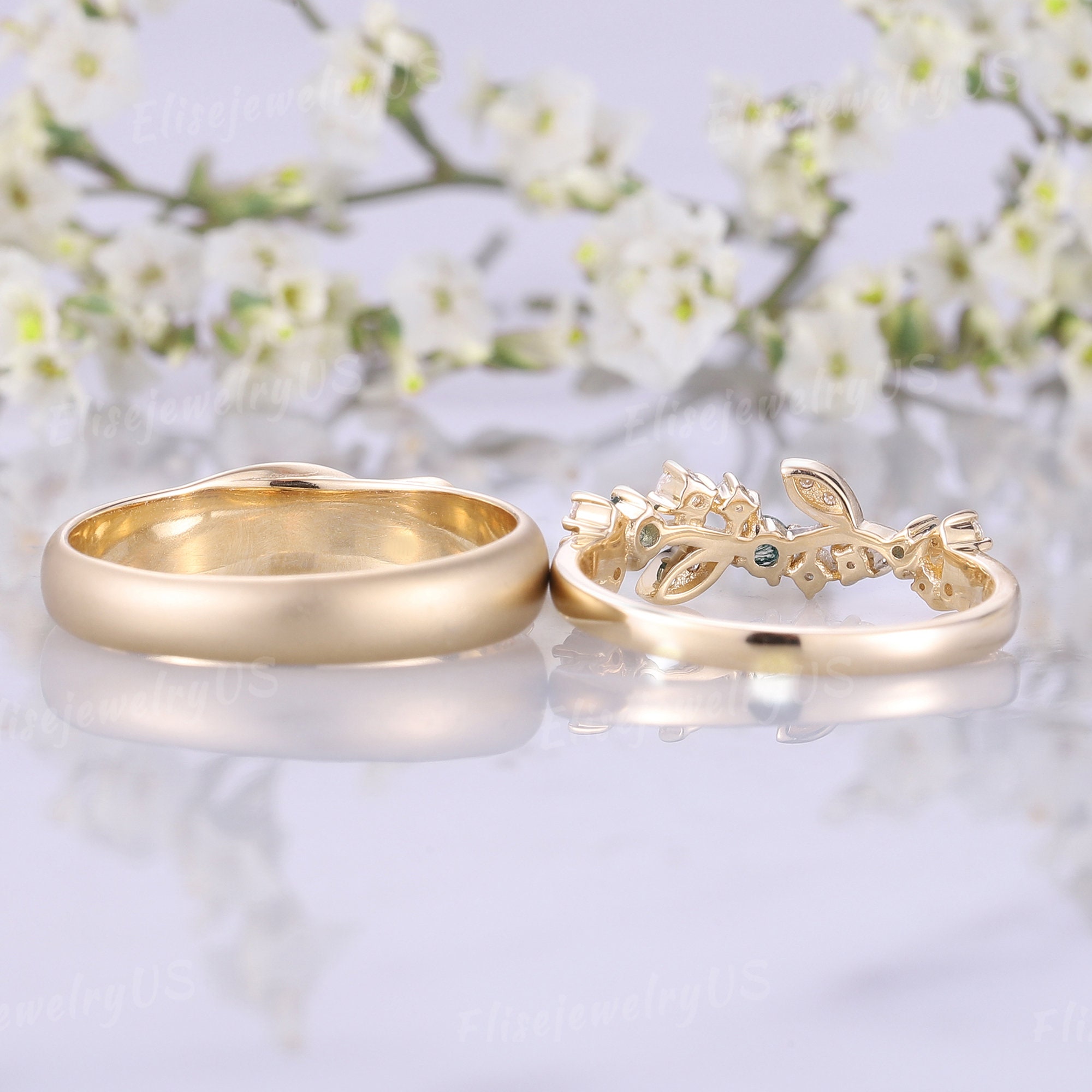 2pcs Leaf Couple Rings Set for Men and Women Moss Agate Wedding Ring Set  Nature Inspired Men Wedding Band Solid Gold Anniversary Ring - Etsy UK