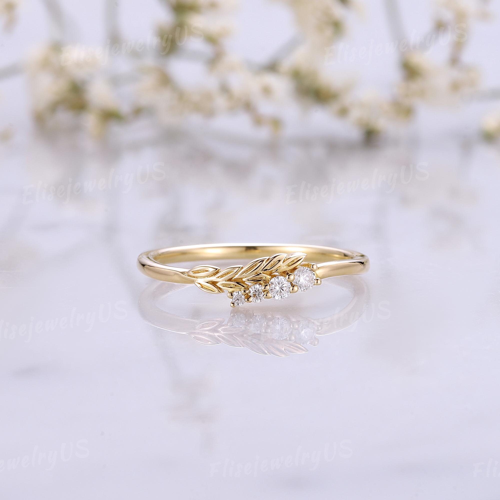 Diamond wedding band leaf design band unique solid gold wedding ring diamond stacking matching rings personalized anniversary gift for her
